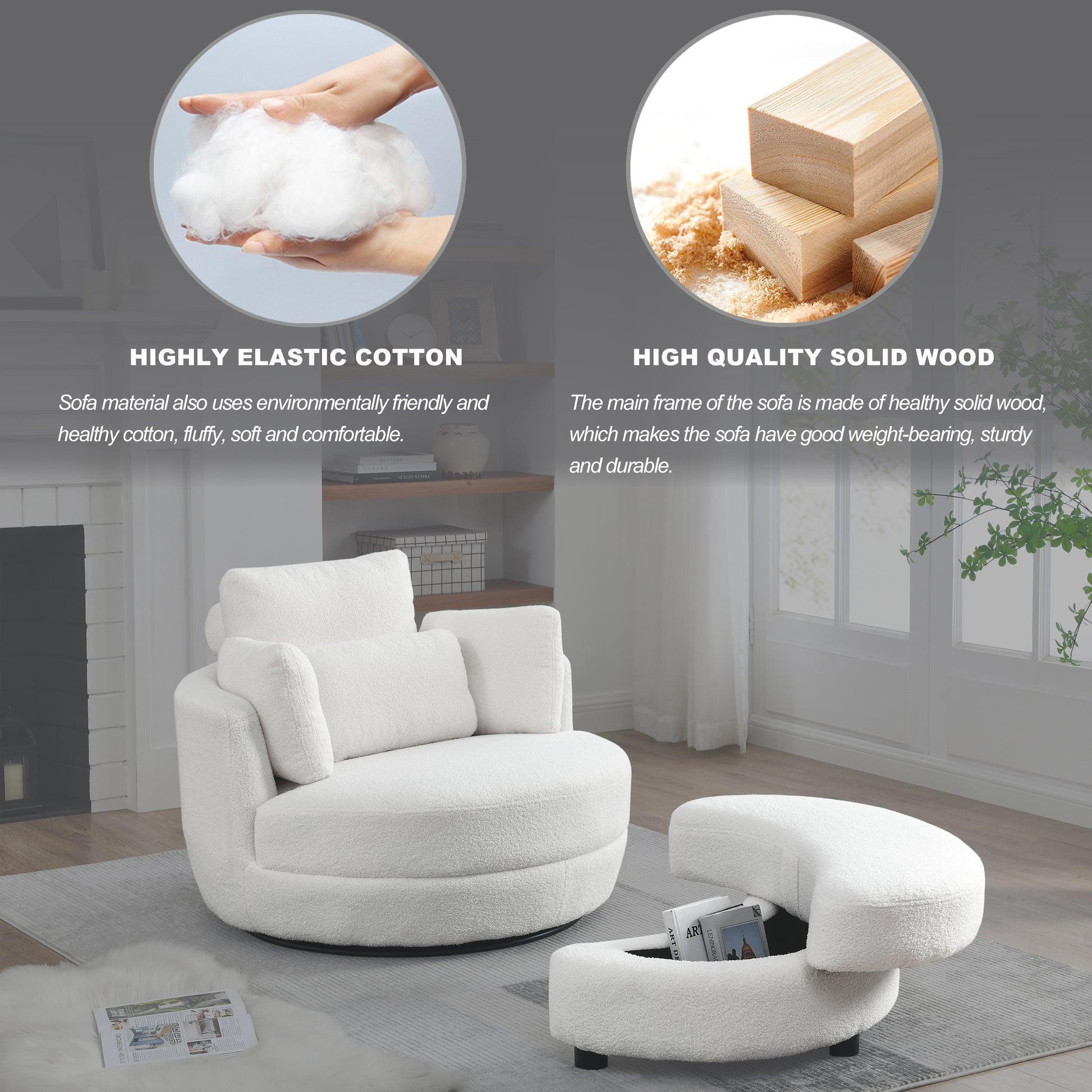 39"W Oversized Swivel Chair With Moon Storage Ottoman For Living Room, Modern Accent Round Loveseat Circle Swivel Barrel Chairs For Bedroom Cuddle Sofa Chair Lounger Armchair, 4 Pillows, Teddy Fabric Ivory Foam Fabric