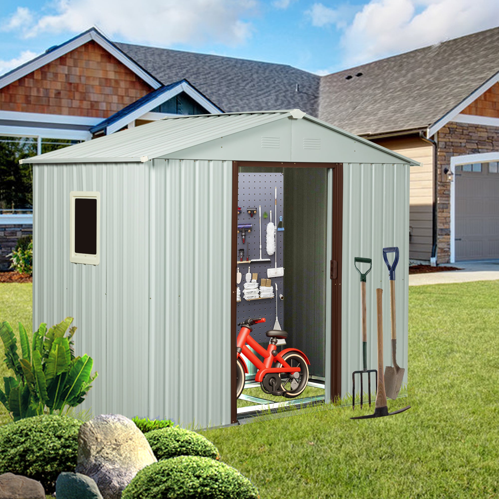 8Ft X 4Ft Outdoor Metal Storage Shed With Window White White Metal