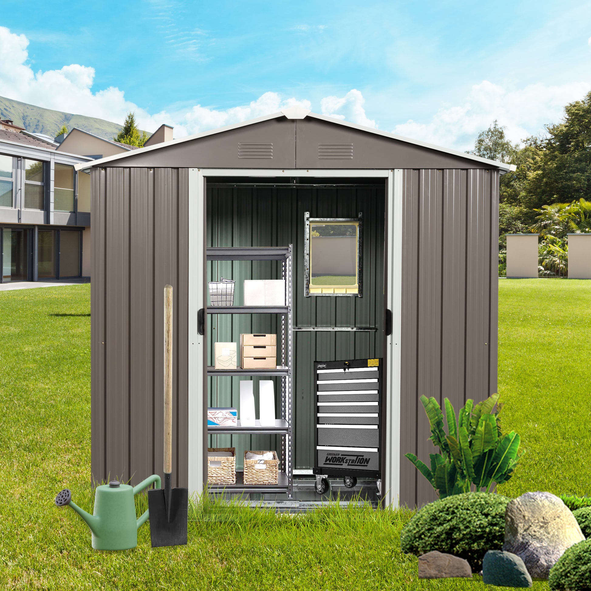 8Ft X 4Ft Outdoor Metal Storage Shed With Window Gray Iron