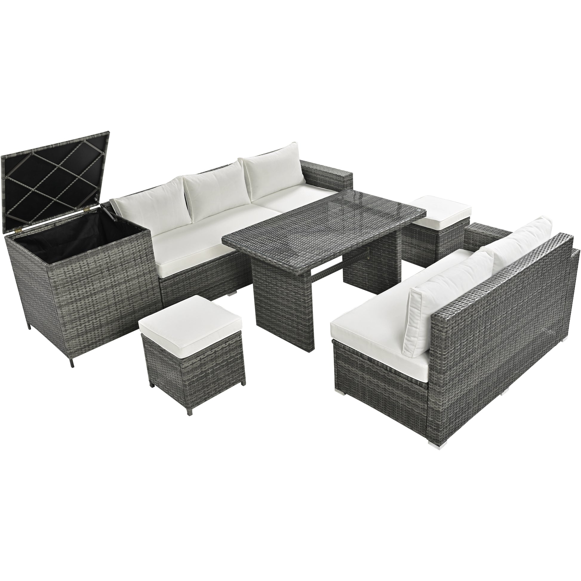 Outdoor 6 Piece All Weather Pe Rattan Sofa Set, Garden Patio Wicker Sectional Furniture Set With Adjustable Seat, Storage Box, Removable Covers And Tempered Glass Top Table, Beige Yes Complete Patio Set Beige Water Resistant Frame Water Resistant Cushion