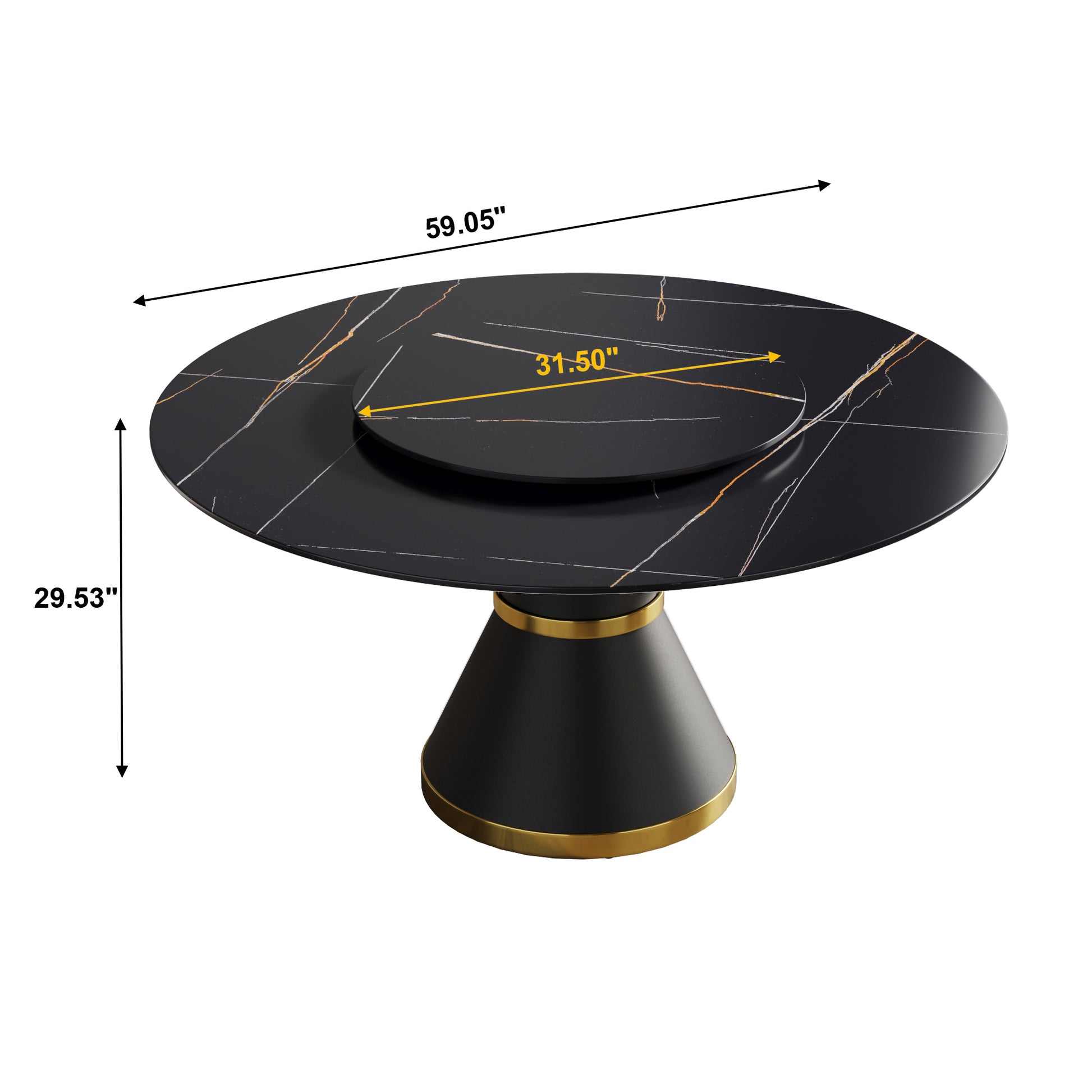 59.05"Modern Artificial Stone Round Black Carbon Steel Base Dining Table Can Accommodate 6 People 31.5"Black Artificial Stone Turntable Black Metal Marble