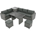 Outdoor 6 Piece All Weather Pe Rattan Sofa Set, Garden Patio Wicker Sectional Furniture Set With Adjustable Seat, Storage Box, Removable Covers And Tempered Glass Top Table,Grey Yes Complete Patio