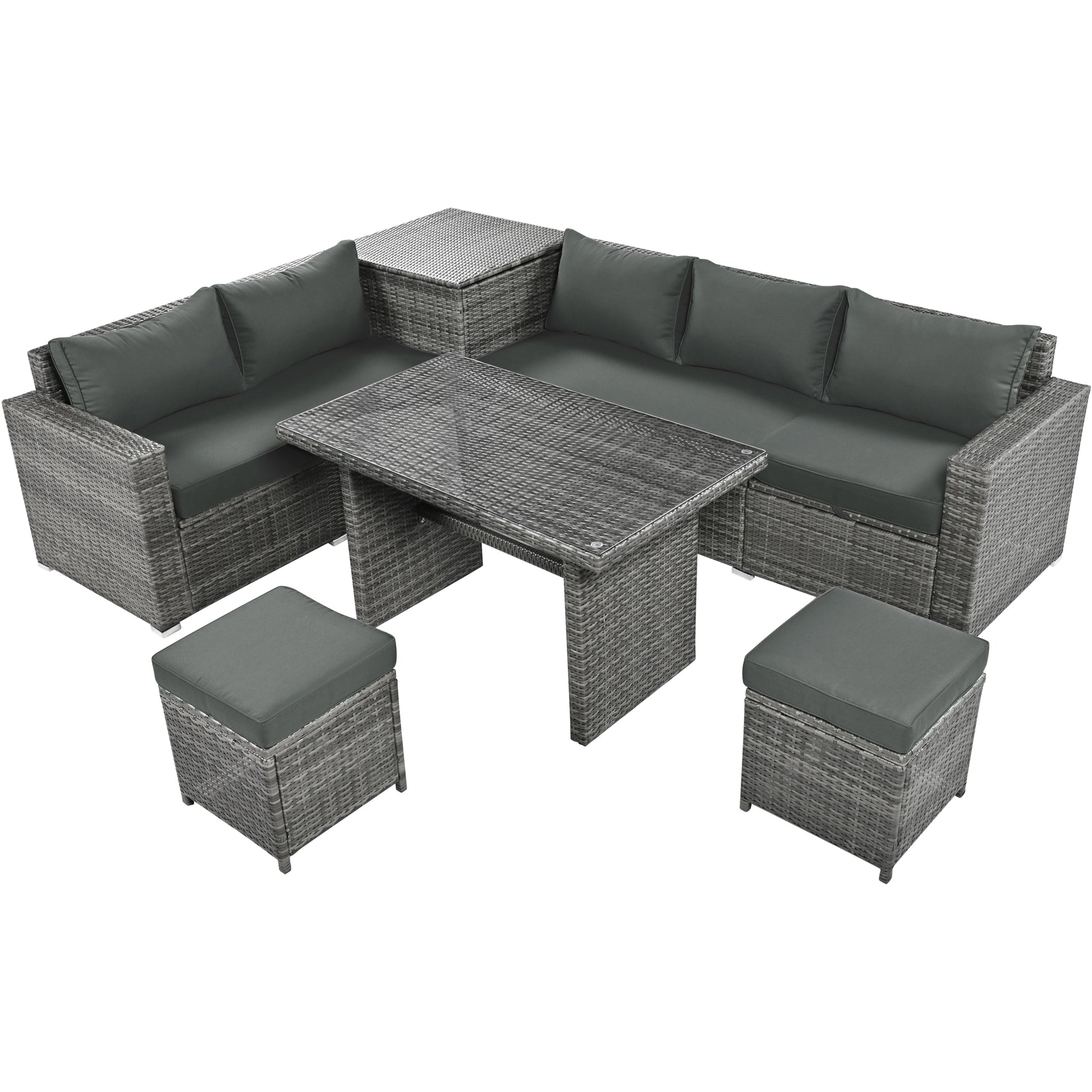 Outdoor 6 Piece All Weather Pe Rattan Sofa Set, Garden Patio Wicker Sectional Furniture Set With Adjustable Seat, Storage Box, Removable Covers And Tempered Glass Top Table,Grey Yes Complete Patio