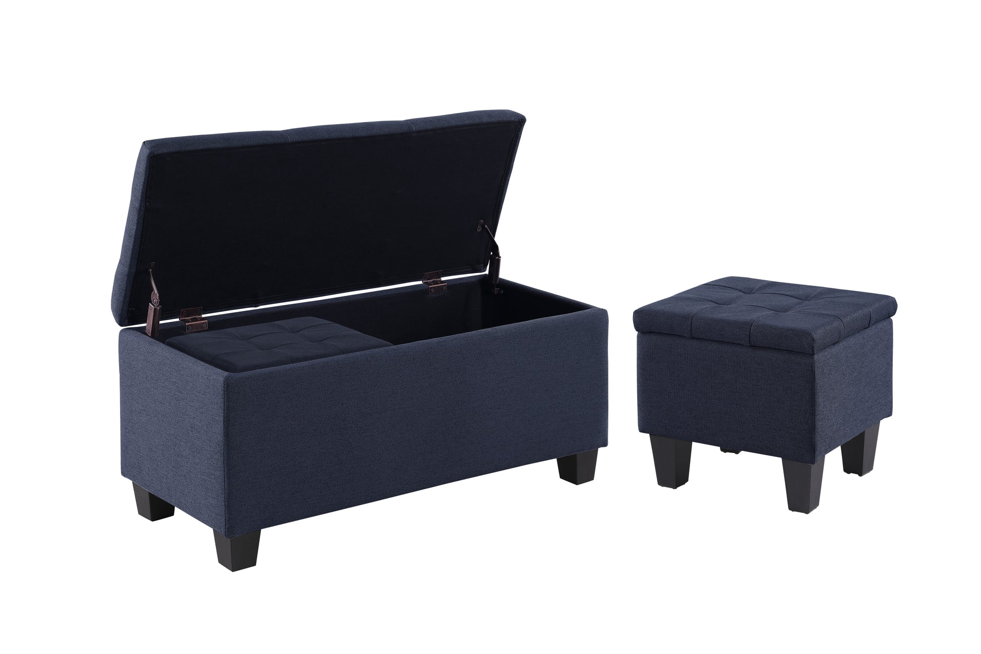 Video Large Storage Ottoman Bench Set, 3 In 1 Combination Ottoman, Tufted Ottoman Linen Bench For Living Room, Entryway, Hallway, Bedroom Support 250Lbs Dark Blue Fabric