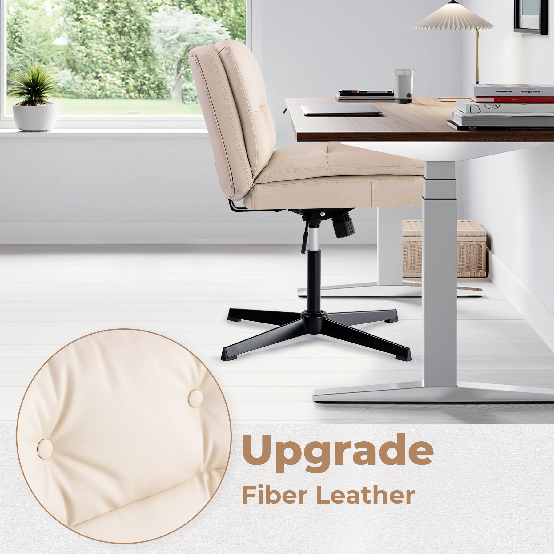 Large Size Armless Home Office Desk Chair Vanity Chair No Wheels Wood Beige Primary Living Space Foam Casual,Contemporary,Minimalist,Modern Handle Office Chairs Solid Back Foam Adjustable Height Leather