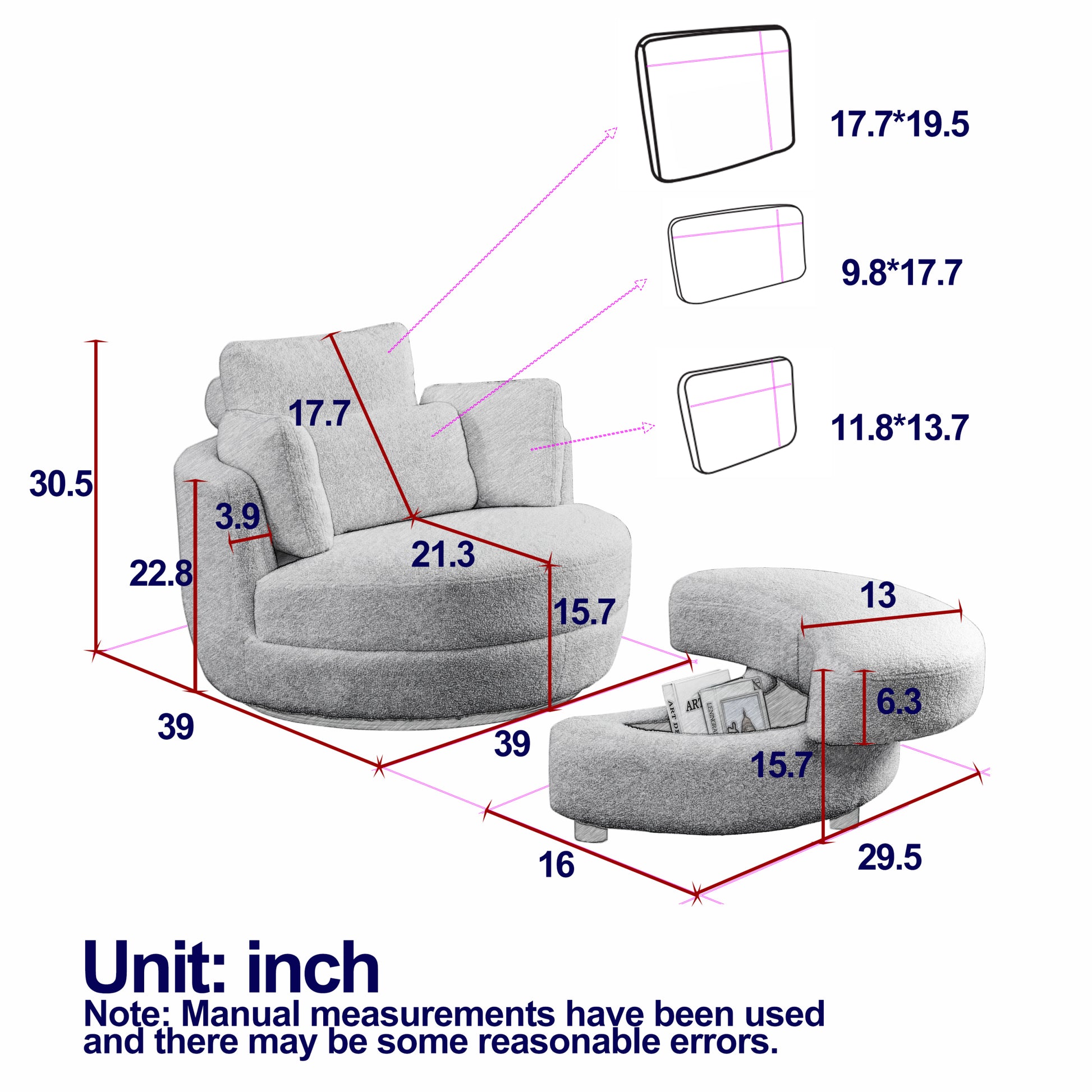 39"W Oversized Swivel Chair With Moon Storage Ottoman For Living Room, Modern Accent Round Loveseat Circle Swivel Barrel Chairs For Bedroom Cuddle Sofa Chair Lounger Armchair, 4 Pillows, Teddy Fabric Coffee Foam Fabric