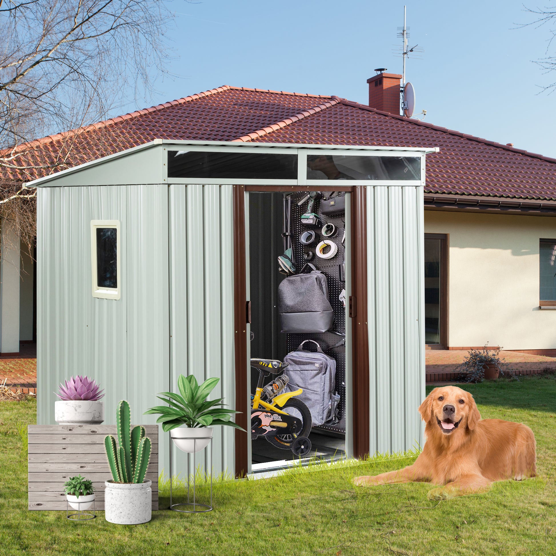 6Ft X 5Ft Outdoor Metal Storage Shed With Window White White Iron