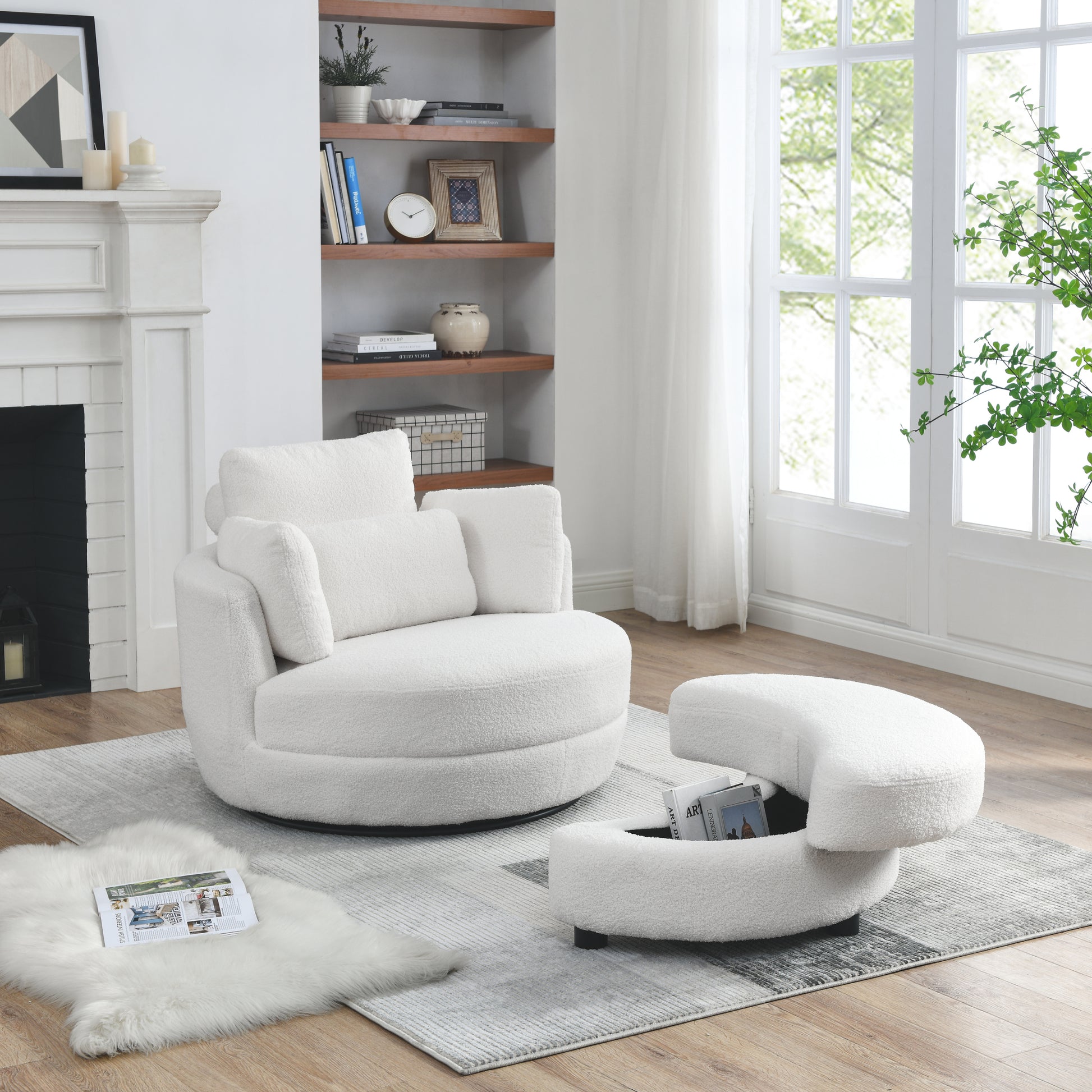 39"W Oversized Swivel Chair With Moon Storage Ottoman For Living Room, Modern Accent Round Loveseat Circle Swivel Barrel Chairs For Bedroom Cuddle Sofa Chair Lounger Armchair, 4 Pillows, Teddy Fabric Ivory Foam Fabric