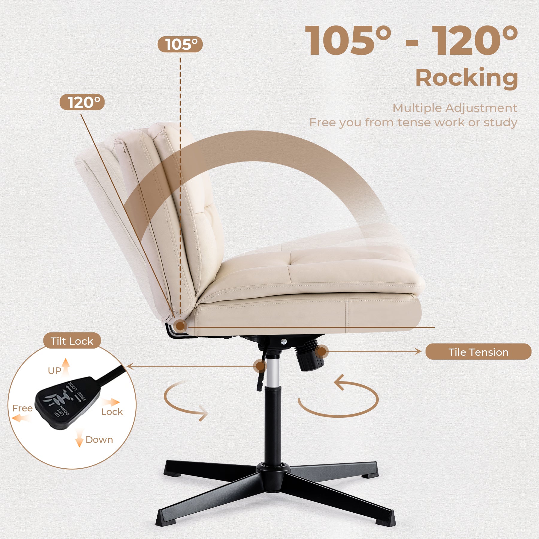 Large Size Armless Home Office Desk Chair Vanity Chair No Wheels Wood Beige Primary Living Space Foam Casual,Contemporary,Minimalist,Modern Handle Office Chairs Solid Back Foam Adjustable Height Leather