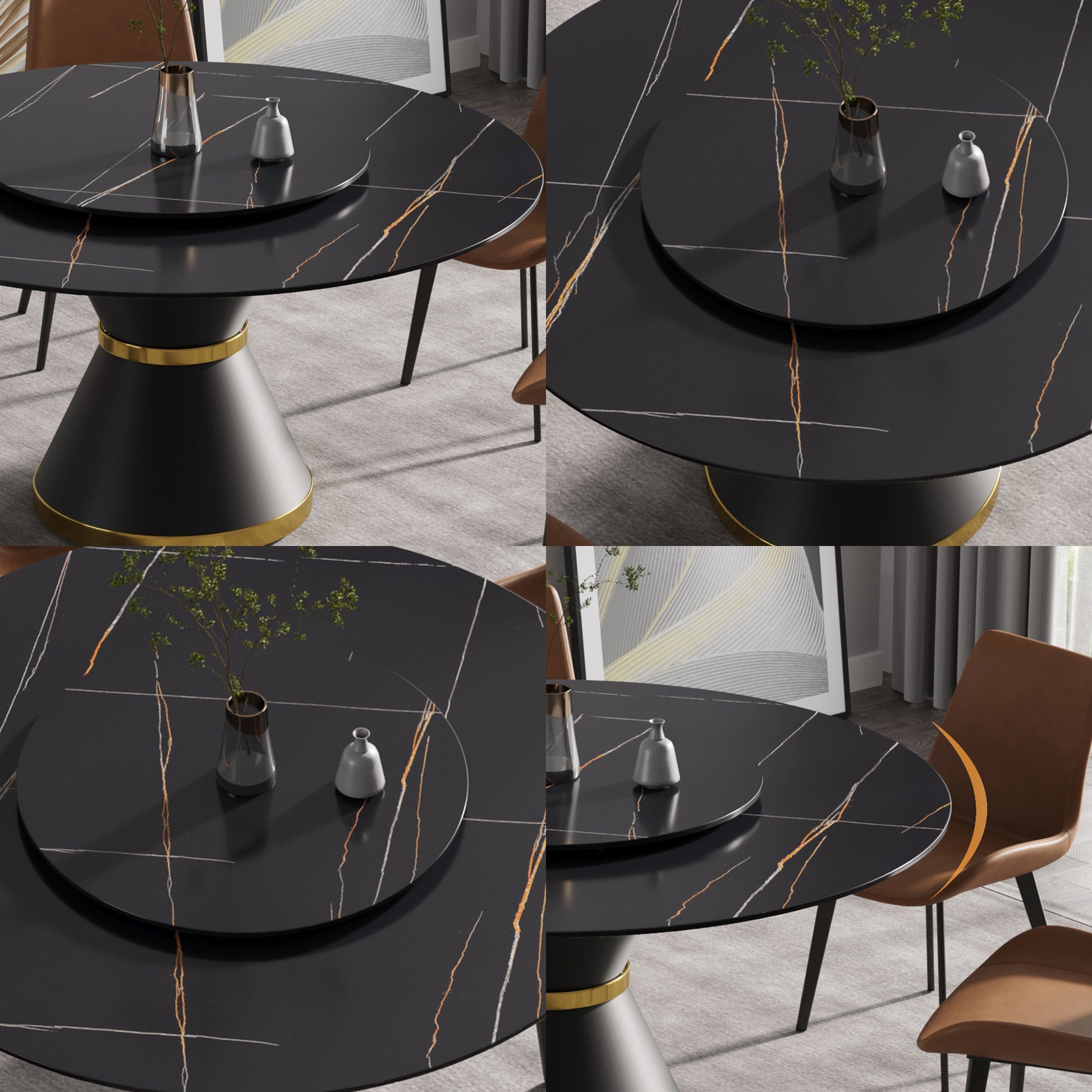 59.05"Modern Artificial Stone Round Black Carbon Steel Base Dining Table Can Accommodate 6 People 31.5"Black Artificial Stone Turntable Black Metal Marble