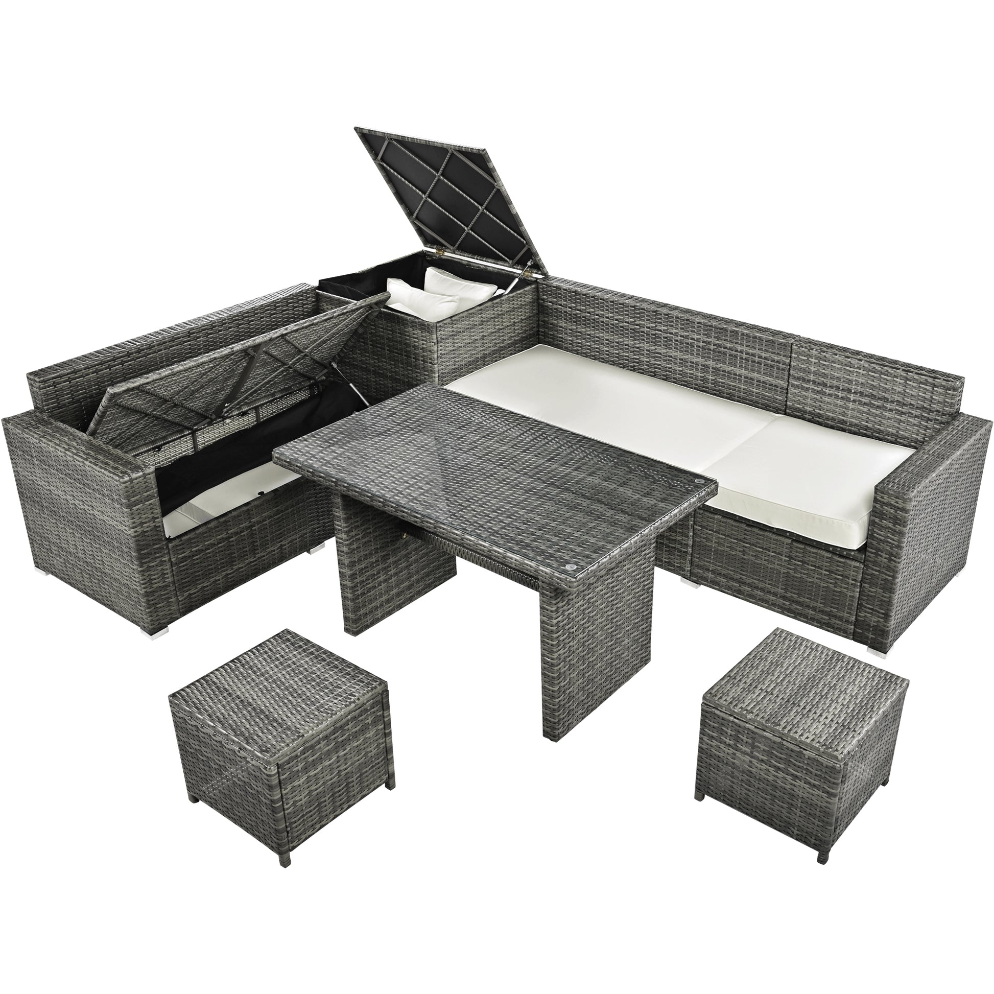 Outdoor 6 Piece All Weather Pe Rattan Sofa Set, Garden Patio Wicker Sectional Furniture Set With Adjustable Seat, Storage Box, Removable Covers And Tempered Glass Top Table, Beige Yes Complete Patio Set Beige Water Resistant Frame Water Resistant Cushion