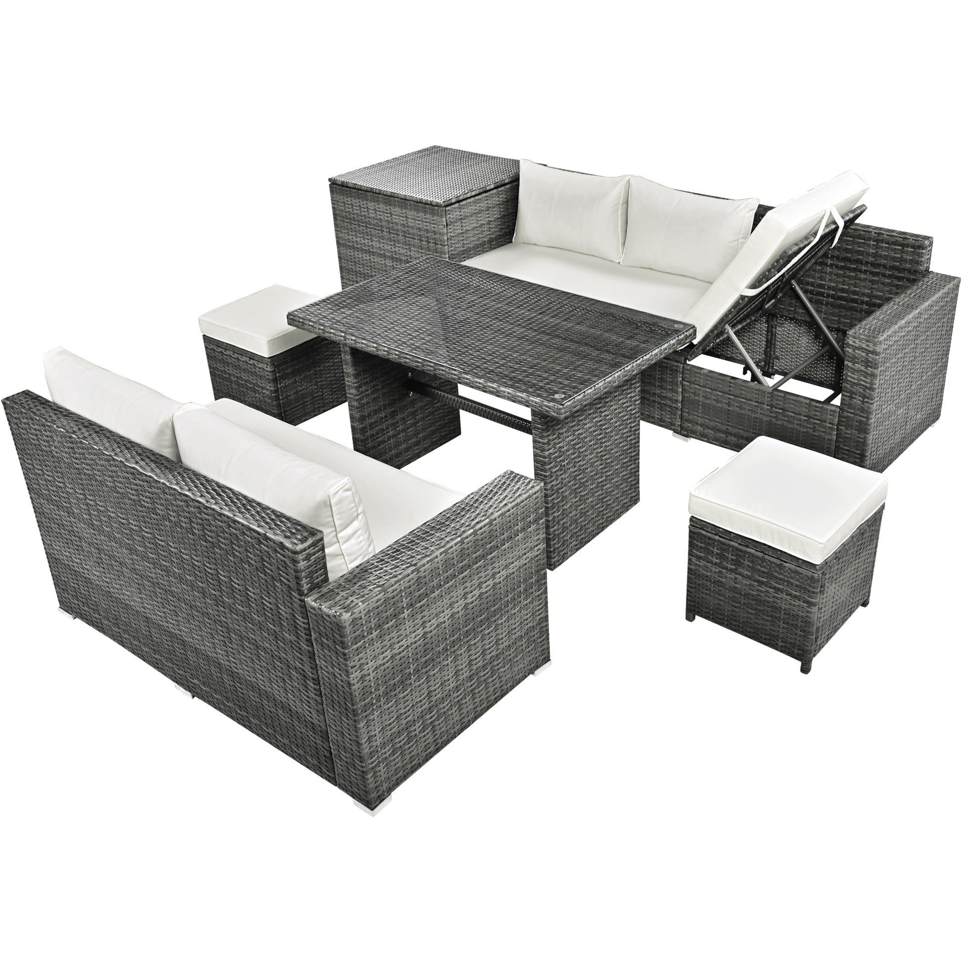 Outdoor 6 Piece All Weather Pe Rattan Sofa Set, Garden Patio Wicker Sectional Furniture Set With Adjustable Seat, Storage Box, Removable Covers And Tempered Glass Top Table, Beige Yes Complete Patio Set Beige Water Resistant Frame Water Resistant Cushion