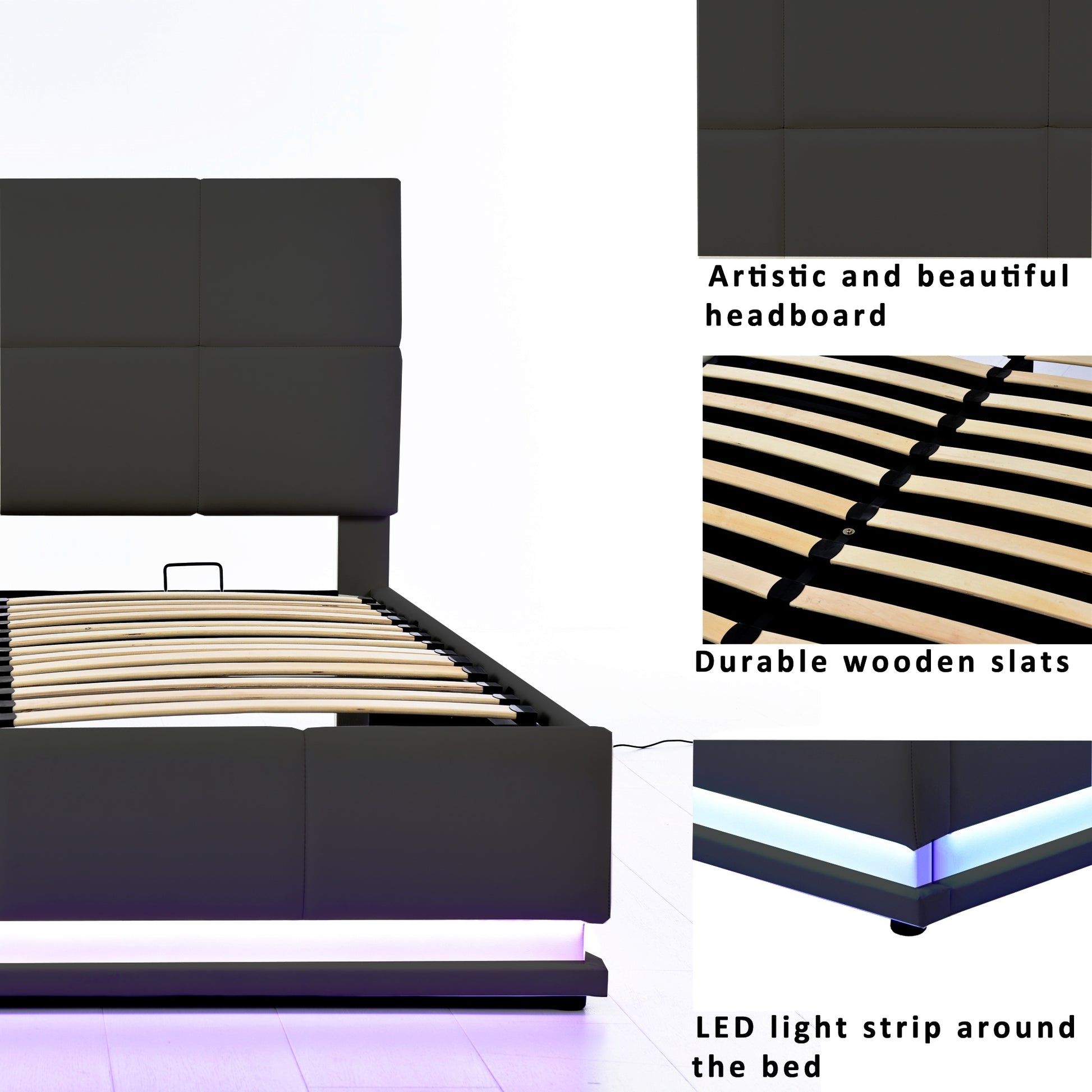 Tufted Upholstered Platform Bed With Hydraulic Storage System,Queen Size Pu Storage Bed With Led Lights And Usb Charger, Black Black Pu