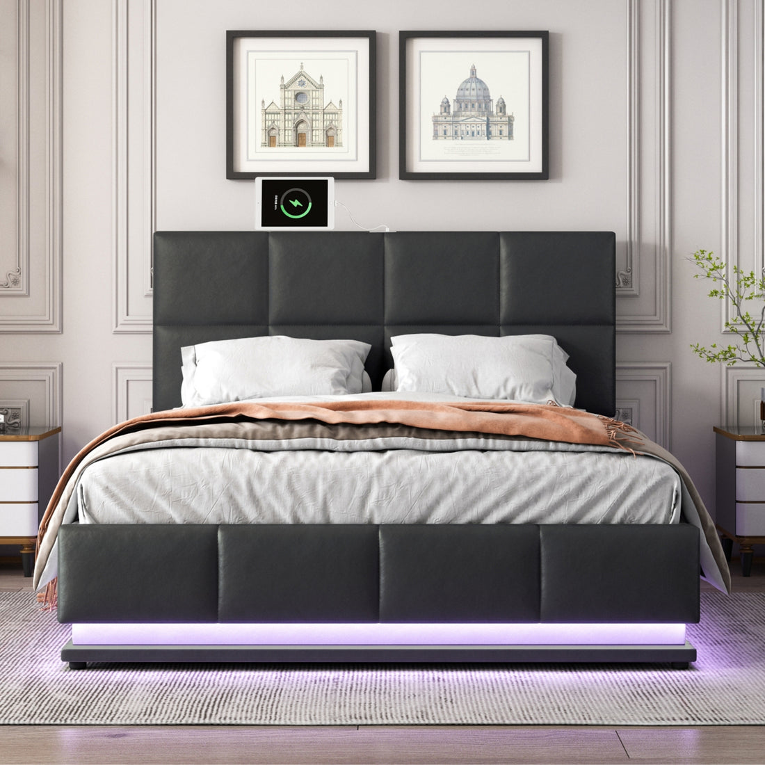 Tufted Upholstered Platform Bed With Hydraulic Storage System,Queen Size Pu Storage Bed With Led Lights And Usb Charger, Black Black Pu