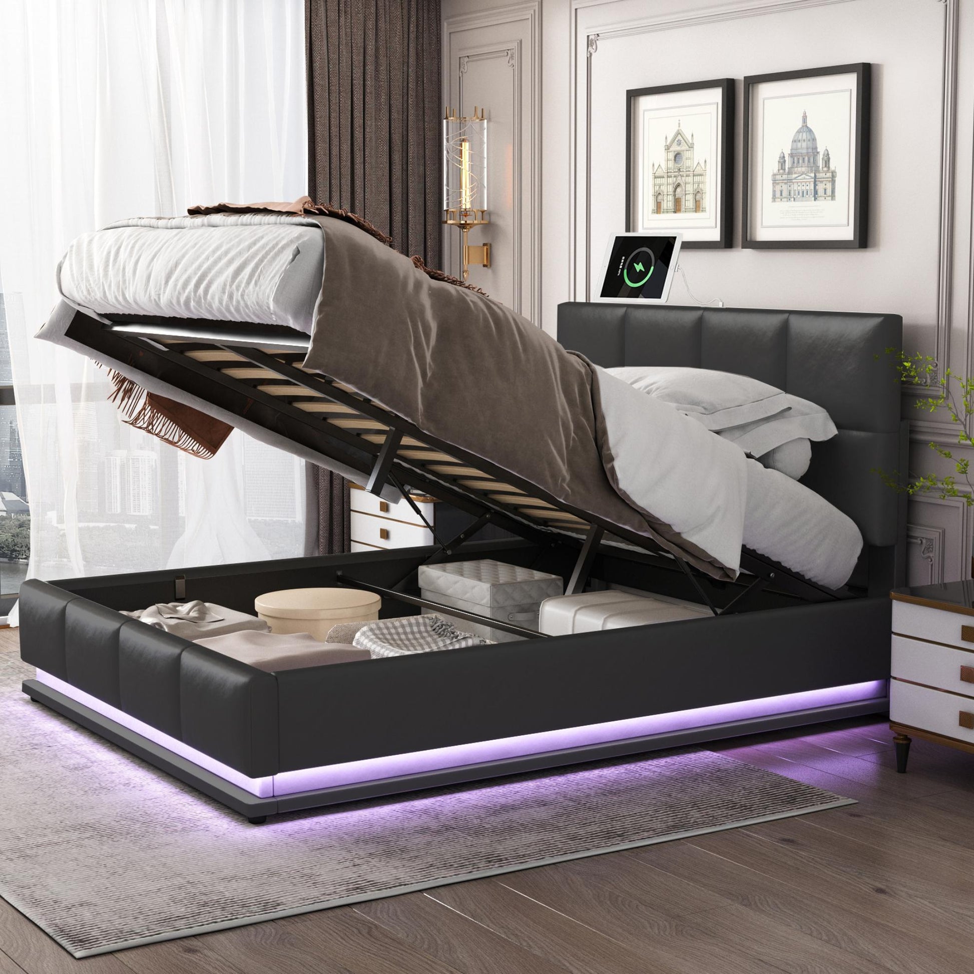 Tufted Upholstered Platform Bed With Hydraulic Storage System,Queen Size Pu Storage Bed With Led Lights And Usb Charger, Black Black Pu