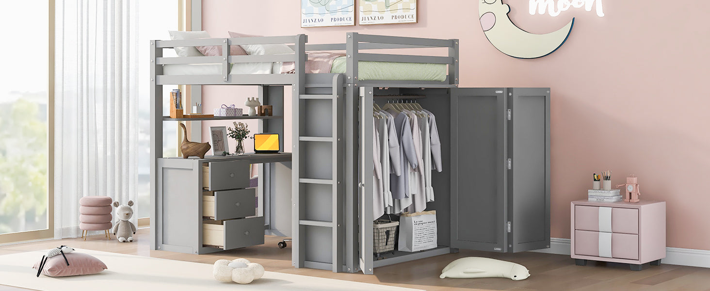 Full Size Loft Bed With Drawers,Desk,And Wardrobe Gray Gray Solid Wood