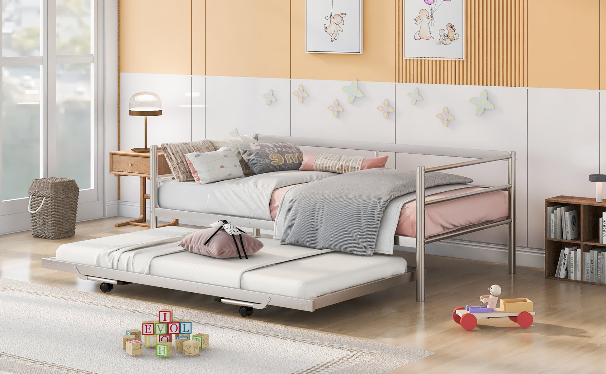 Twin Size Metal Daybed With Adjustable Trundle, Pop Up Trundle, Silver Silver Metal
