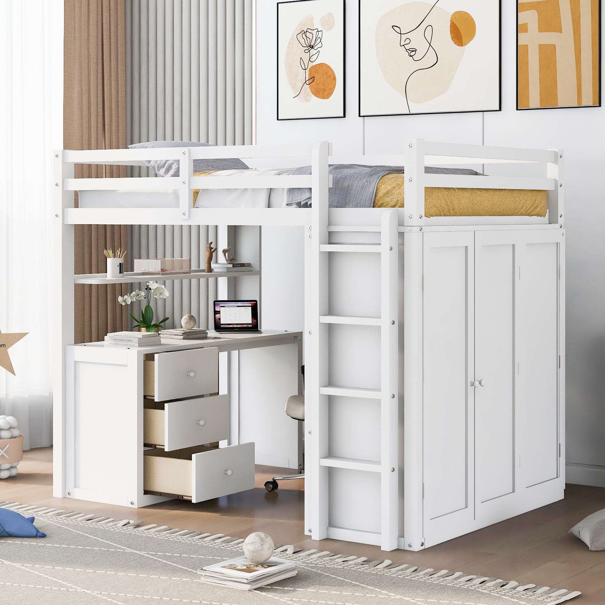 Full Size Loft Bed With Drawers,Desk,And Wardrobe White White Solid Wood