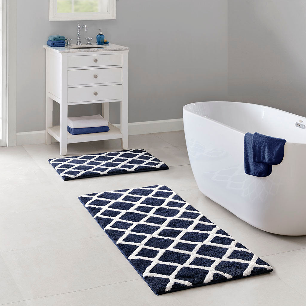 Reversible High Pile Tufted Microfiber Bath Rug Navy Microfiber