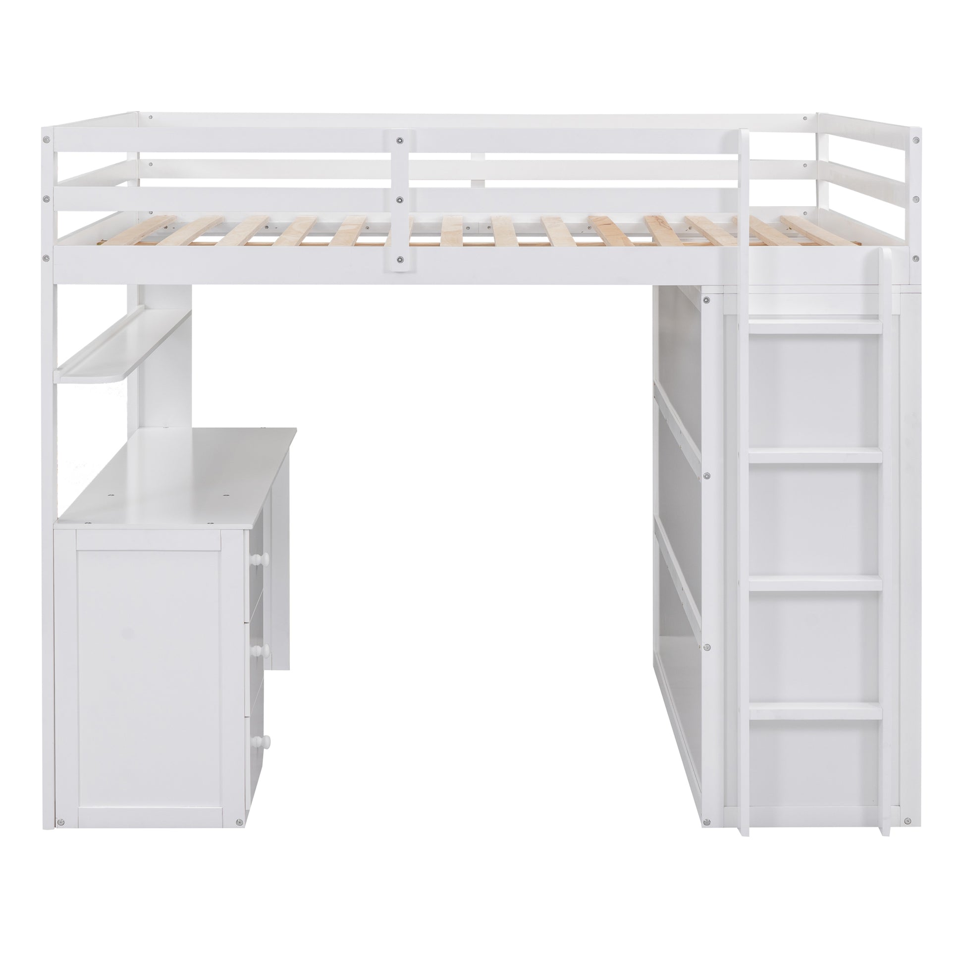 Full Size Loft Bed With Drawers,Desk,And Wardrobe White White Solid Wood