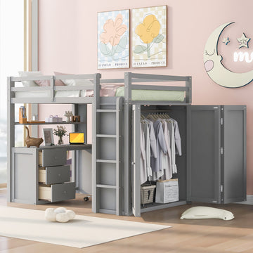 Full Size Loft Bed With Drawers,Desk,And Wardrobe Gray Gray Solid Wood