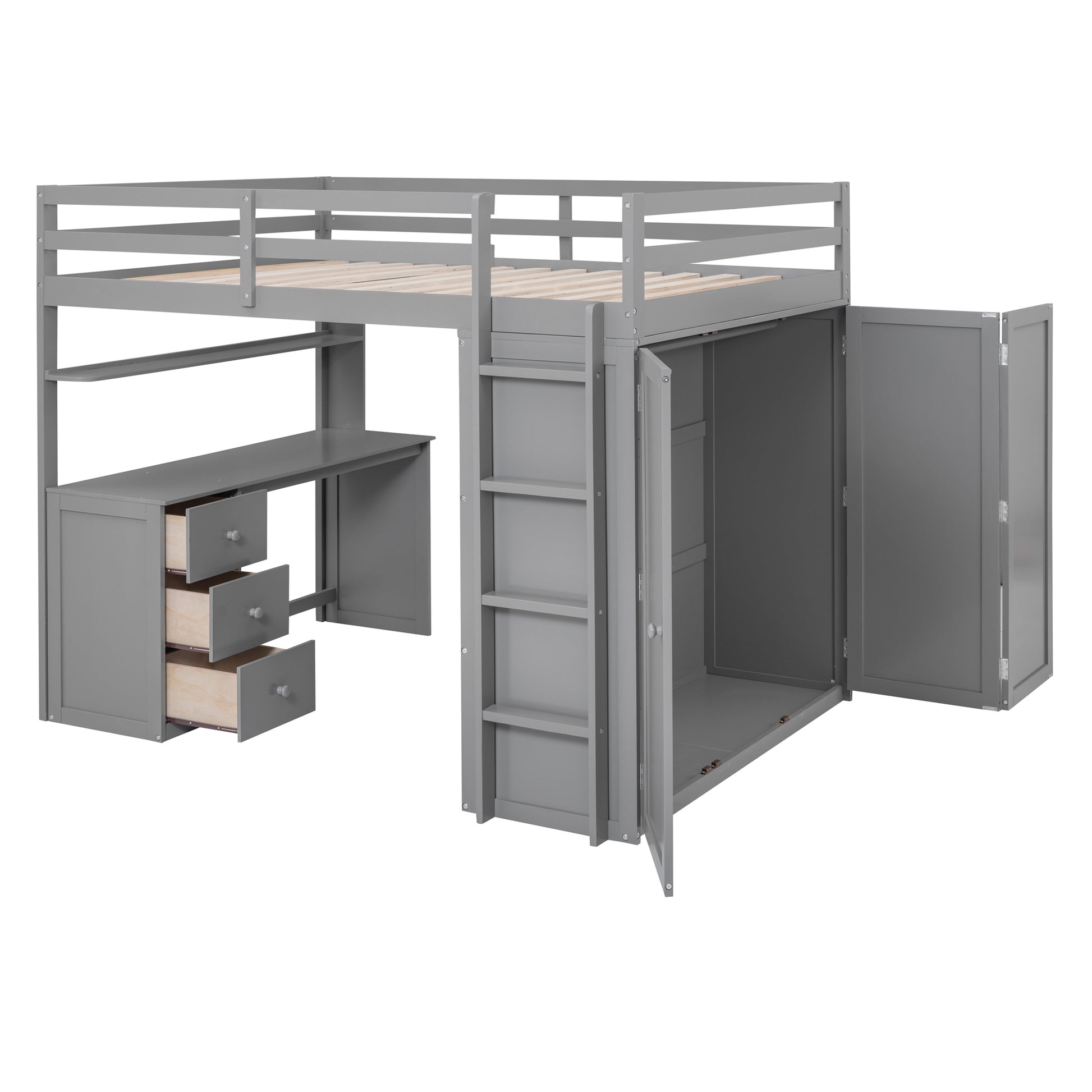 Full Size Loft Bed With Drawers,Desk,And Wardrobe Gray Gray Solid Wood