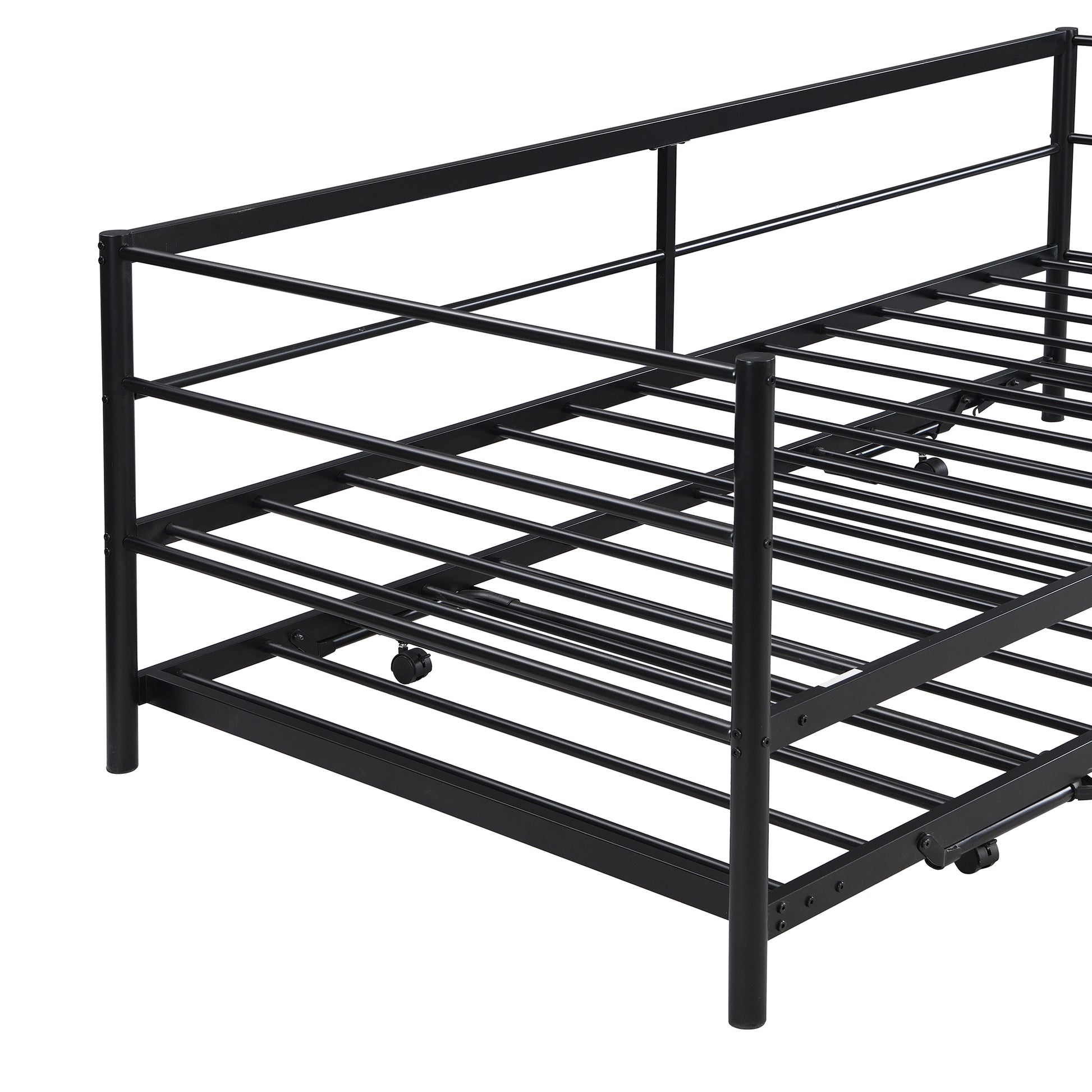 Twin Size Metal Daybed With Adjustable Trundle, Pop Up Trundle, Black Black Metal