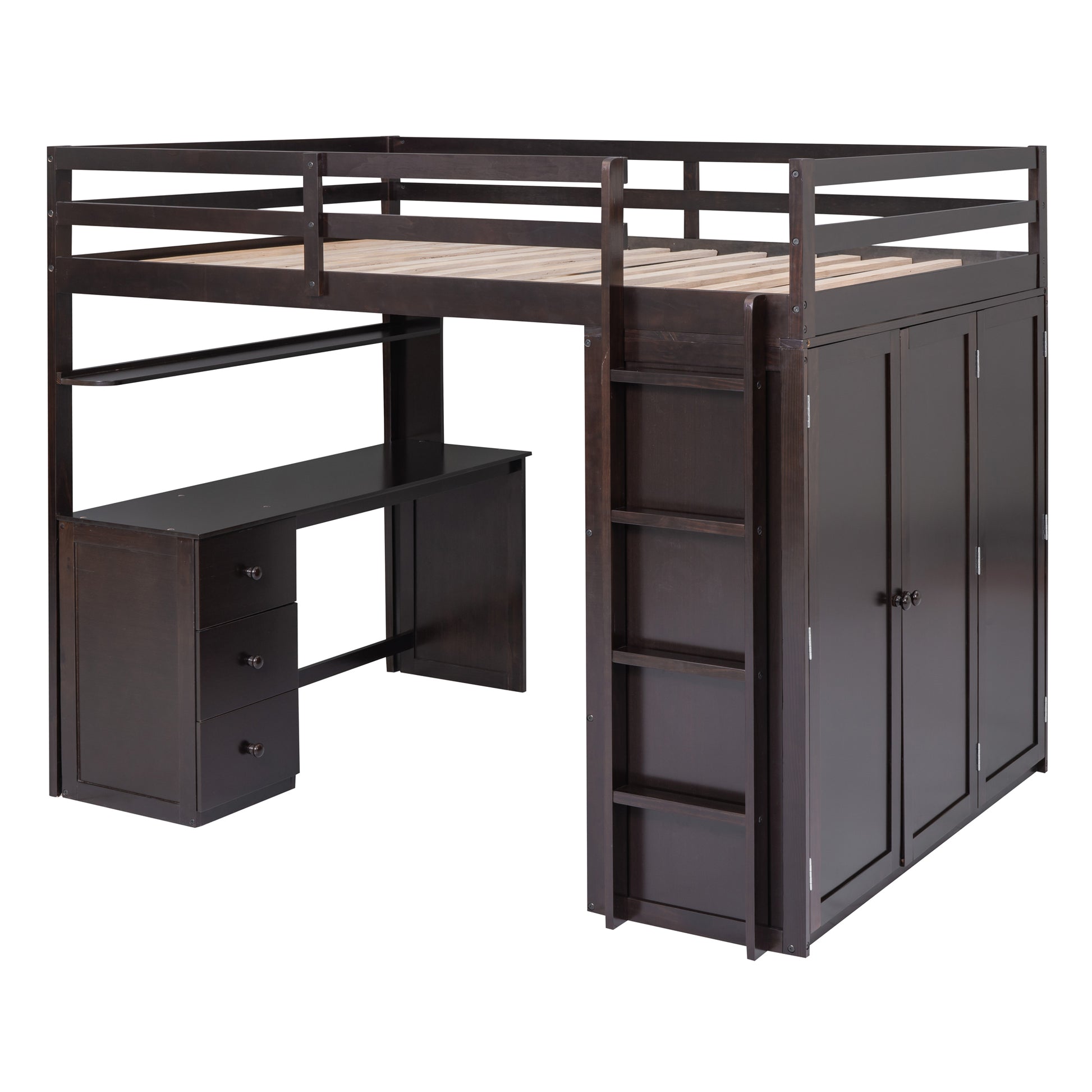 Full Size Loft Bed With Drawers,Desk,And Wardrobe Espresso Espresso Solid Wood