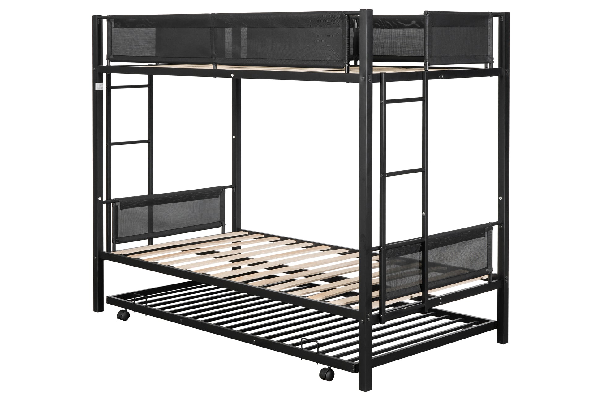 Metal Twin Over Twin Bunk Bed With Trundle Sturdy Metal Frame Noise Free Wood Slats Comfortable Textilene Guardrail 2 Side Ladders Space Saving Trundle Bunk Bed For Three No Box Spring Needed Black Metal