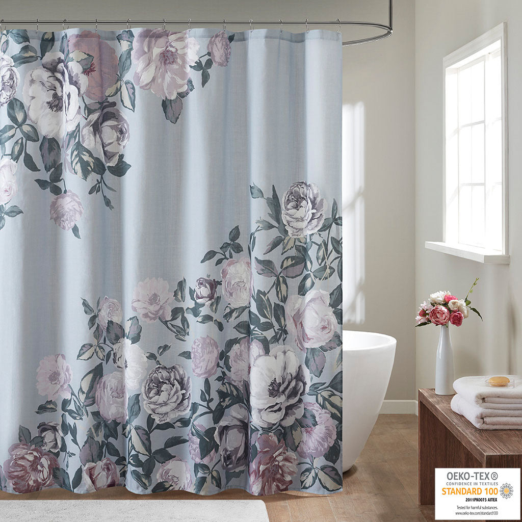 Cotton Floral Printed Shower Curtain Grey Cotton