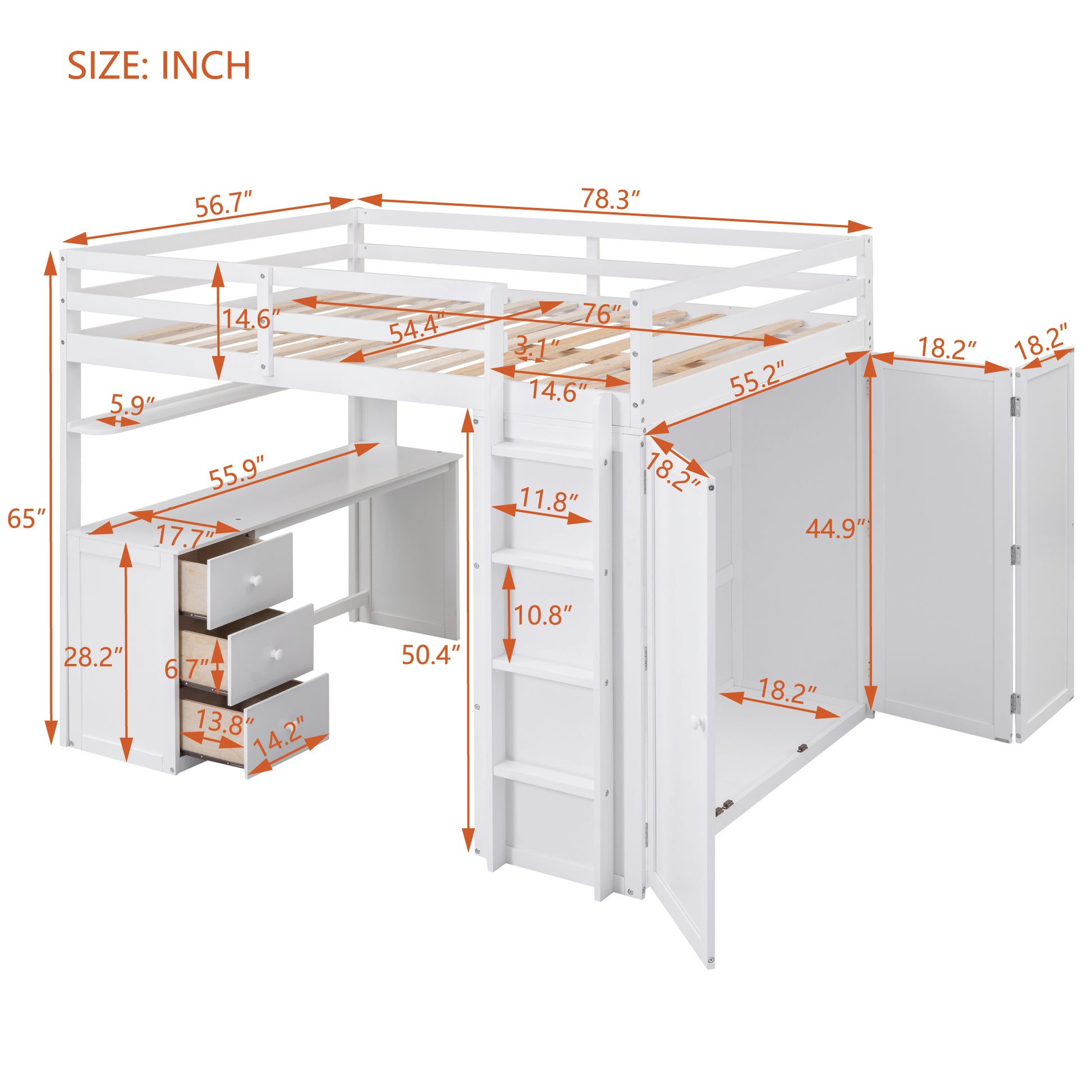 Full Size Loft Bed With Drawers,Desk,And Wardrobe White White Solid Wood