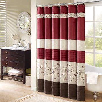 Faux Silk Embroidered Floral Shower Curtain Red Polyester