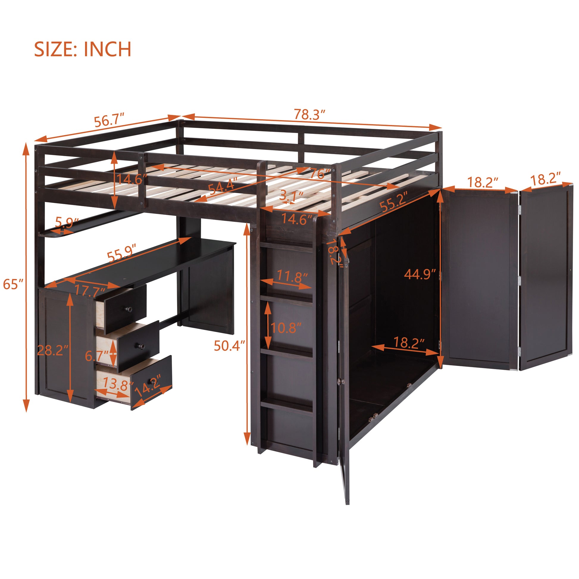 Full Size Loft Bed With Drawers,Desk,And Wardrobe Espresso Espresso Solid Wood