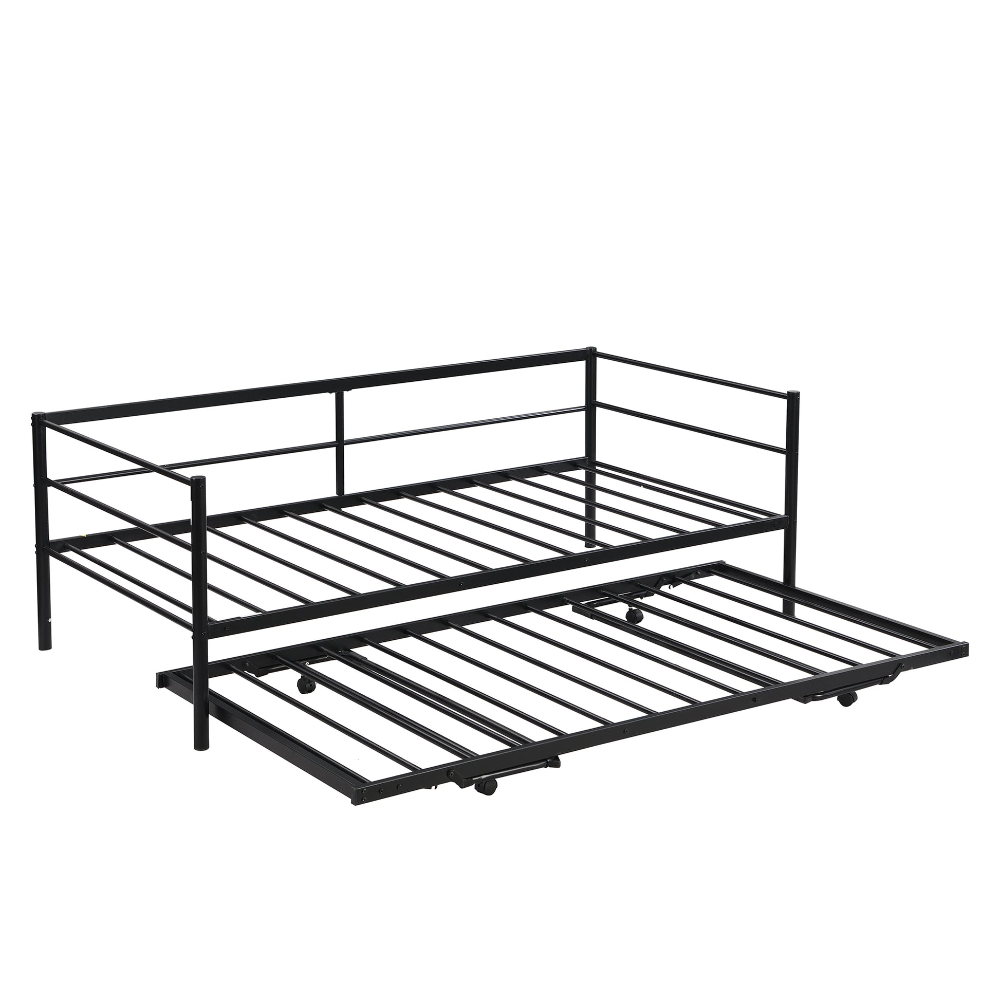 Twin Size Metal Daybed With Adjustable Trundle, Pop Up Trundle, Black Black Metal