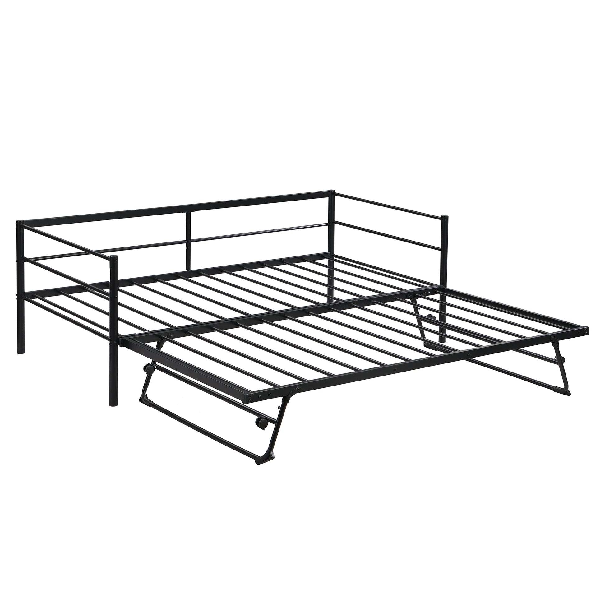 Twin Size Metal Daybed With Adjustable Trundle, Pop Up Trundle, Black Black Metal