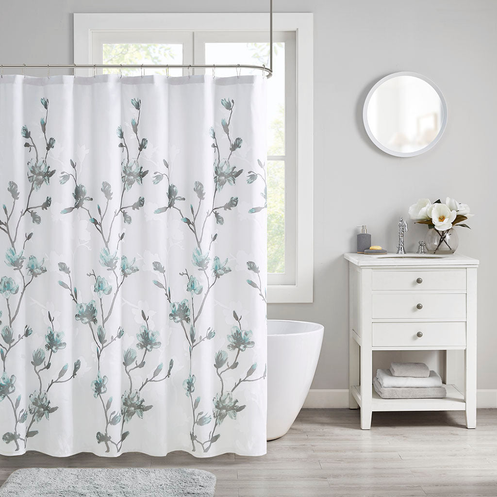 Floral Printed Burnout Shower Curtain Aqua Polyester