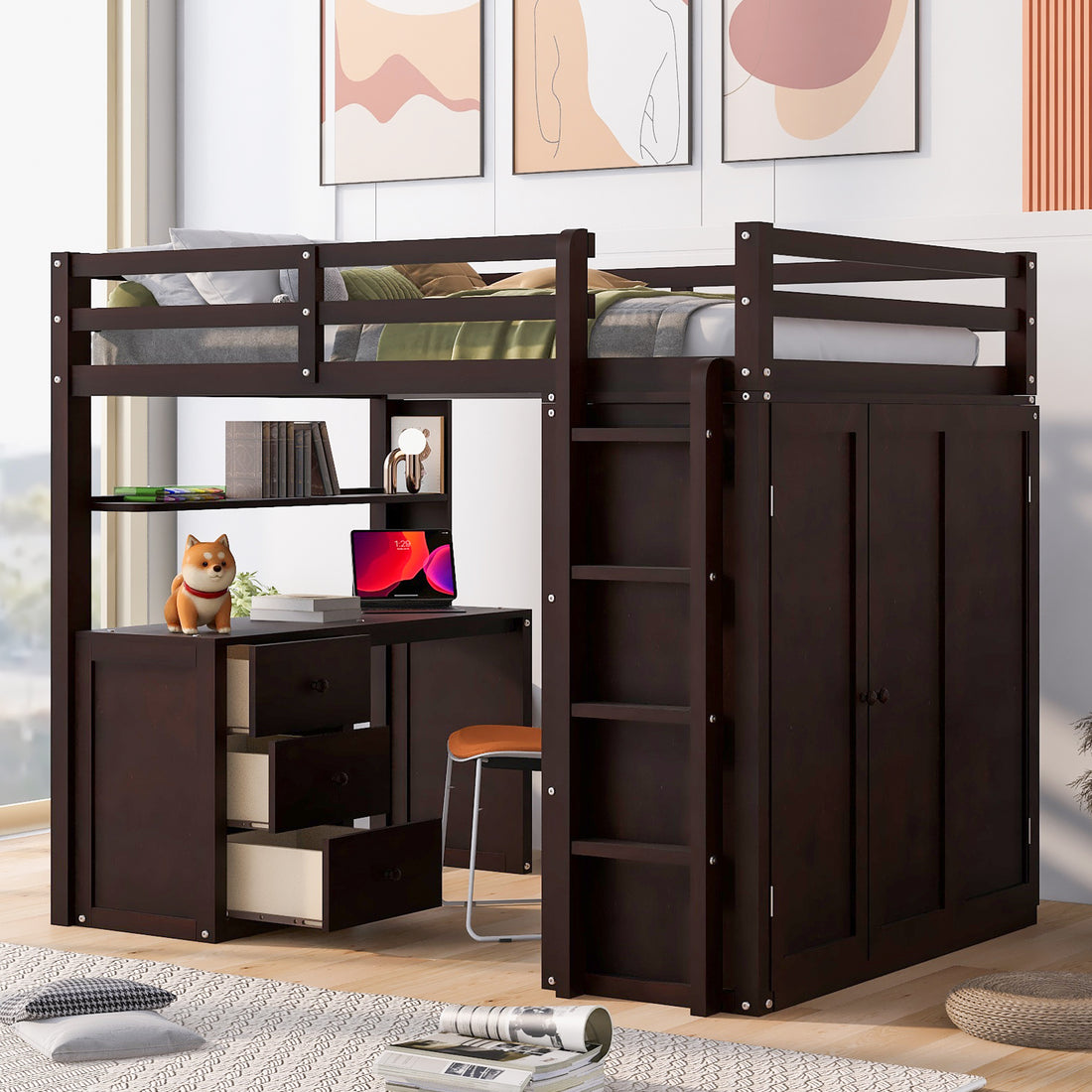 Full Size Loft Bed With Drawers,Desk,And Wardrobe Espresso Espresso Solid Wood