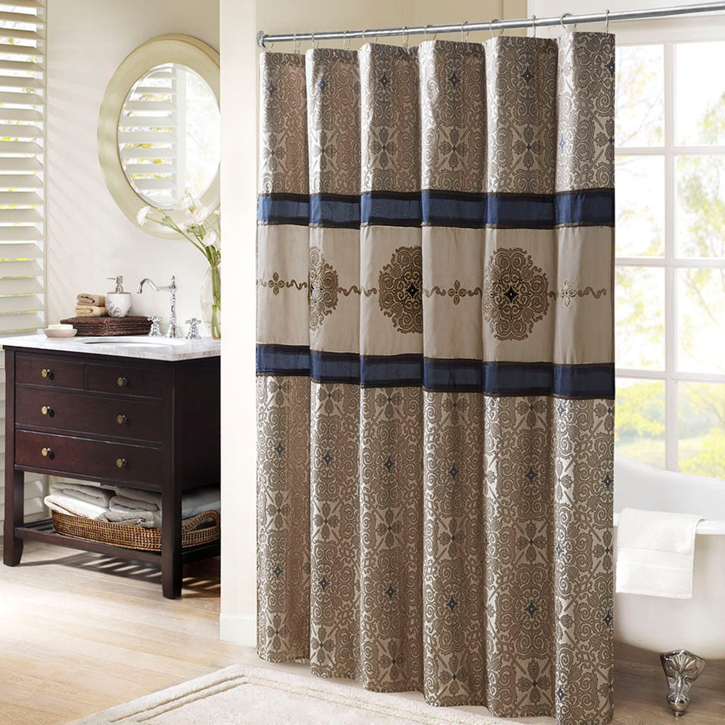 Embroidered Shower Curtain Navy Cotton