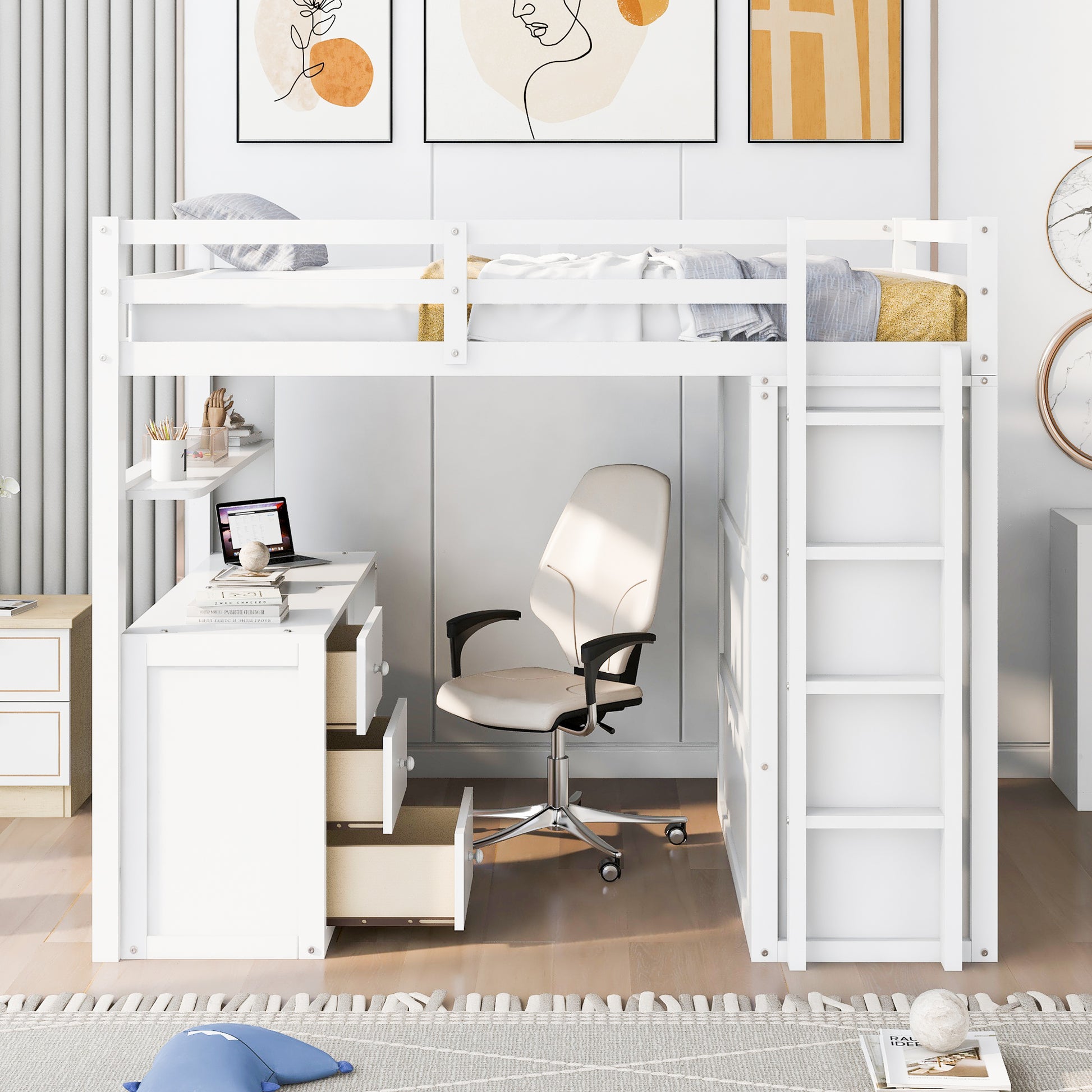 Full Size Loft Bed With Drawers,Desk,And Wardrobe White White Solid Wood