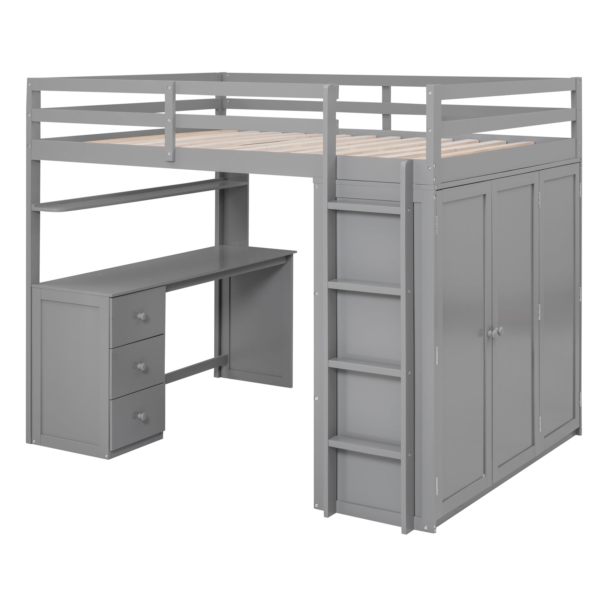 Full Size Loft Bed With Drawers,Desk,And Wardrobe Gray Gray Solid Wood