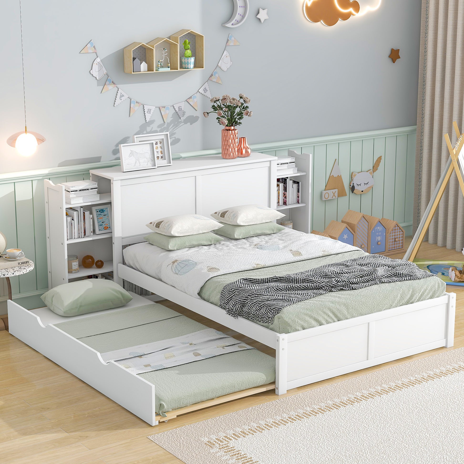 Full Size Storage Platform Bed With Pull Out Shelves And Twin Size Trundle, White White Solid Wood Mdf