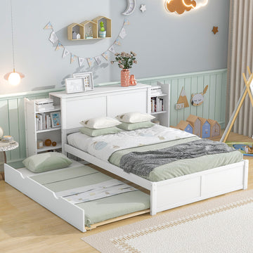 Full Size Storage Platform Bed With Pull Out Shelves And Twin Size Trundle, White White Solid Wood Mdf