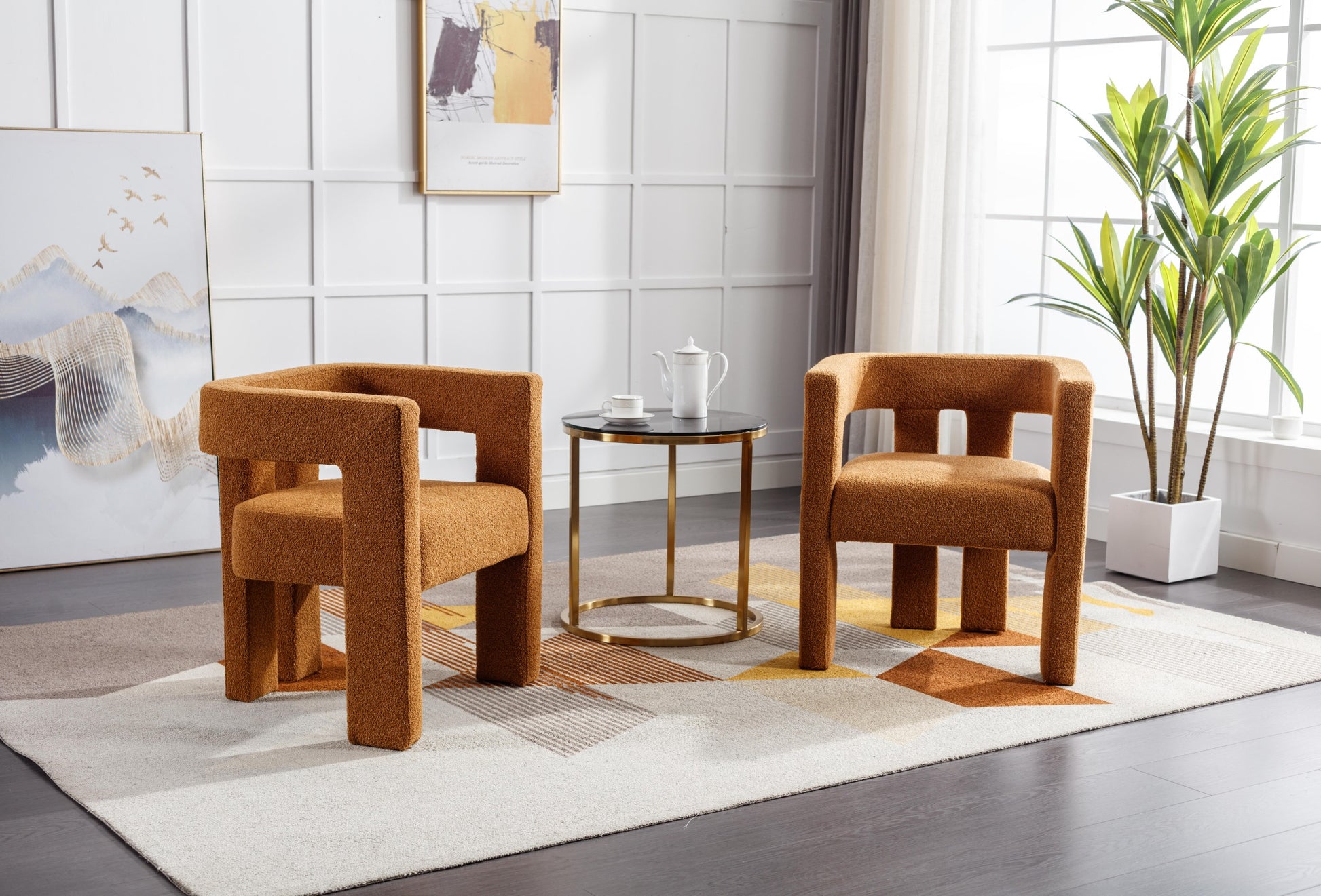 Coolmore Contemporary Designed Fabric Upholstered Accent Dining Chair Barrel Side Chairs Kitchen Armchair For Living Room 2Pc Set Coffee Boucle