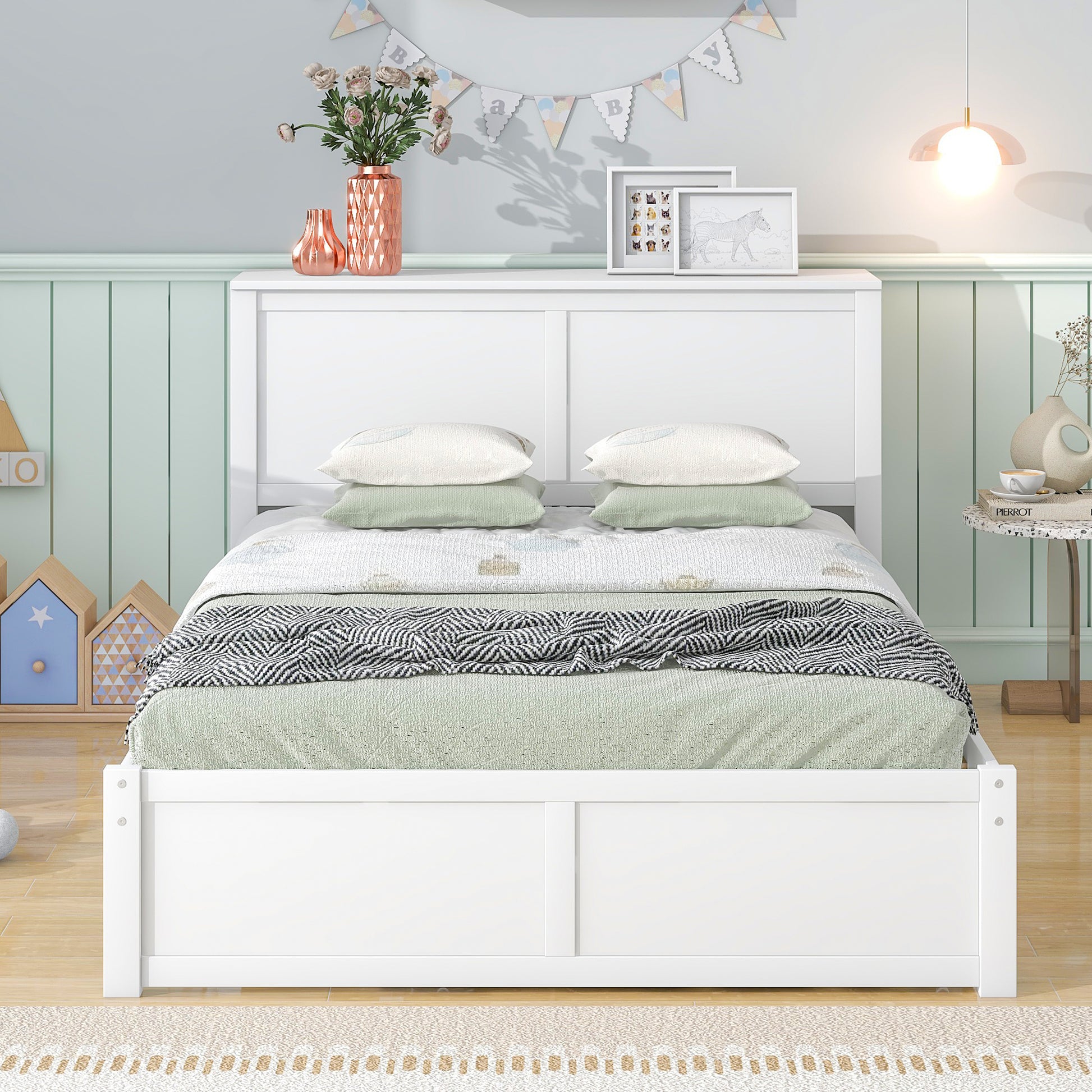 Full Size Storage Platform Bed With Pull Out Shelves And Twin Size Trundle, White White Solid Wood Mdf