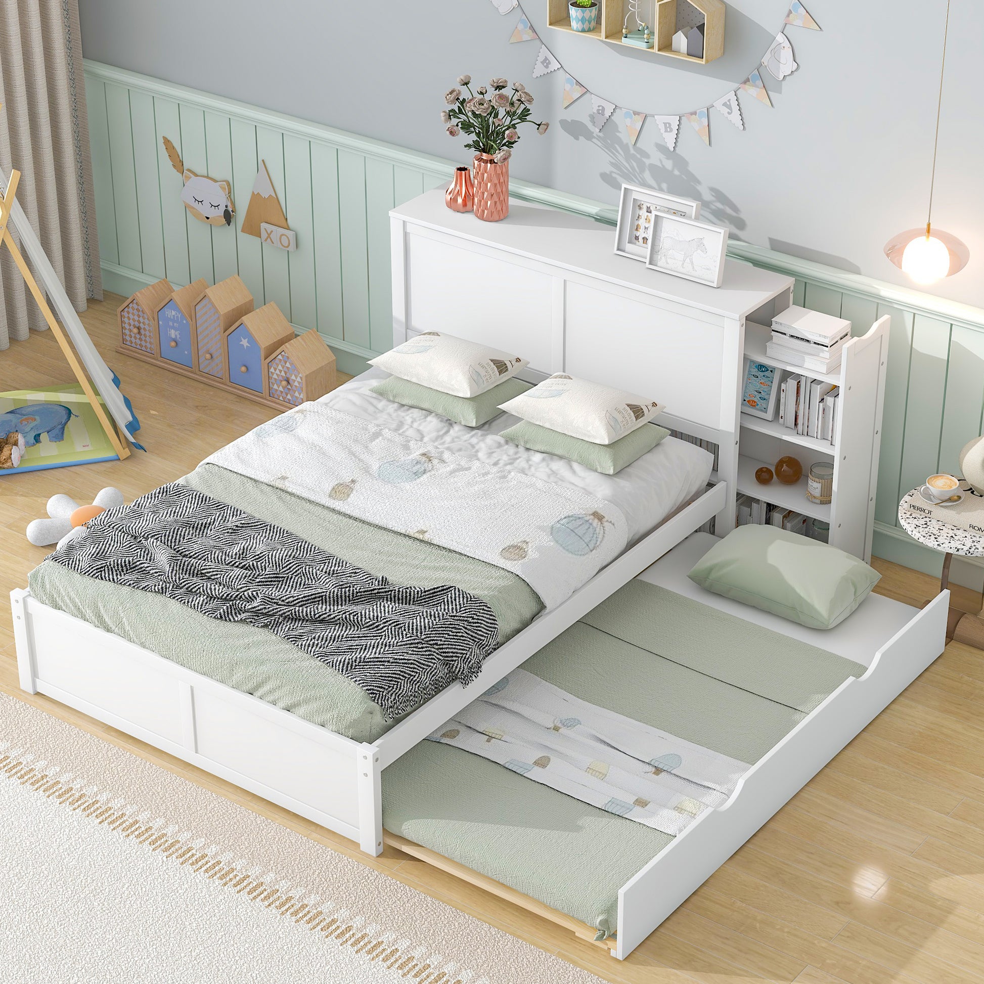 Full Size Storage Platform Bed With Pull Out Shelves And Twin Size Trundle, White White Solid Wood Mdf