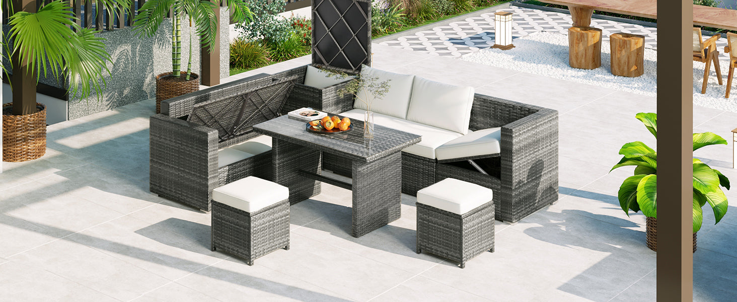 Outdoor 6 Piece All Weather Pe Rattan Sofa Set, Garden Patio Wicker Sectional Furniture Set With Adjustable Seat, Storage Box, Removable Covers And Tempered Glass Top Table, Beige Yes Complete Patio Set Beige Water Resistant Frame Water Resistant Cushion