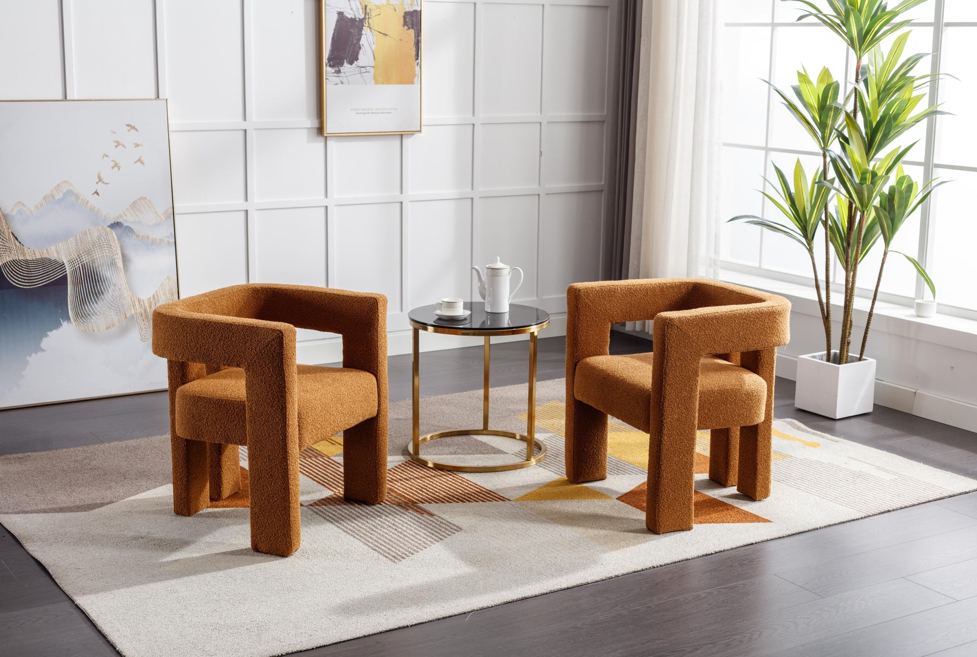 Coolmore Contemporary Designed Fabric Upholstered Accent Dining Chair Barrel Side Chairs Kitchen Armchair For Living Room 2Pc Set Coffee Boucle