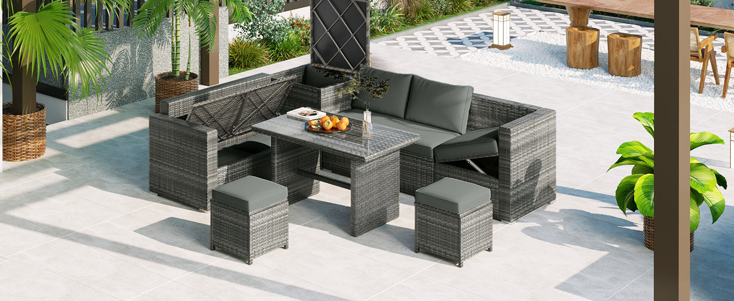 Outdoor 6 Piece All Weather Pe Rattan Sofa Set, Garden Patio Wicker Sectional Furniture Set With Adjustable Seat, Storage Box, Removable Covers And Tempered Glass Top Table,Grey Yes Complete Patio