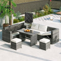 Outdoor 6 Piece All Weather Pe Rattan Sofa Set, Garden Patio Wicker Sectional Furniture Set With Adjustable Seat, Storage Box, Removable Covers And Tempered Glass Top Table, Beige Yes Complete Patio Set Beige Water Resistant Frame Water Resistant Cushion
