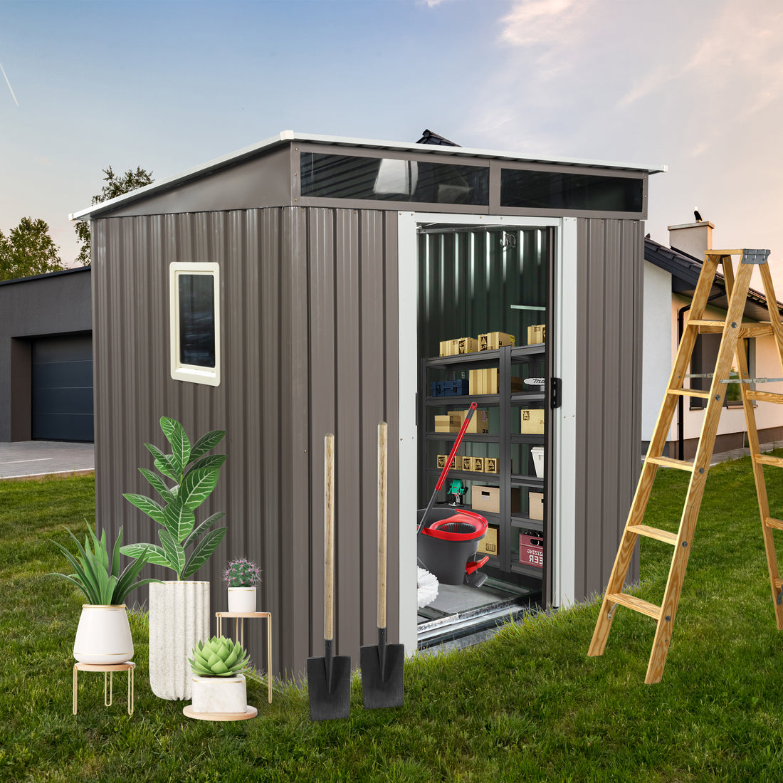 6Ft X 5Ft Outdoor Metal Storage Shed With Window Transparent Plate W540S00011 Gray Iron